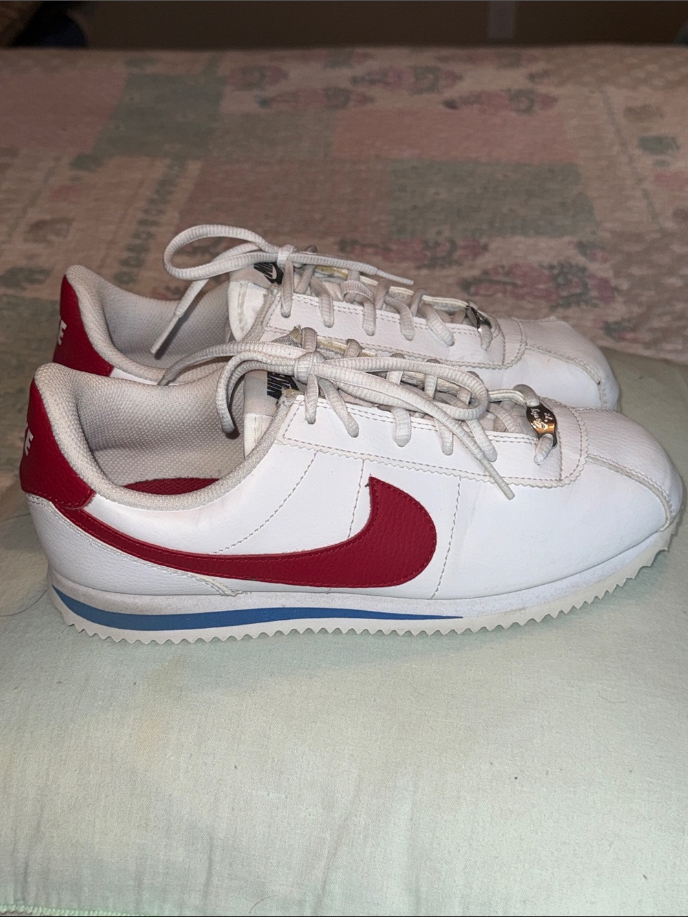 Nike Cortez White Leather Sneakers with Red Swoosh and Blue Trim